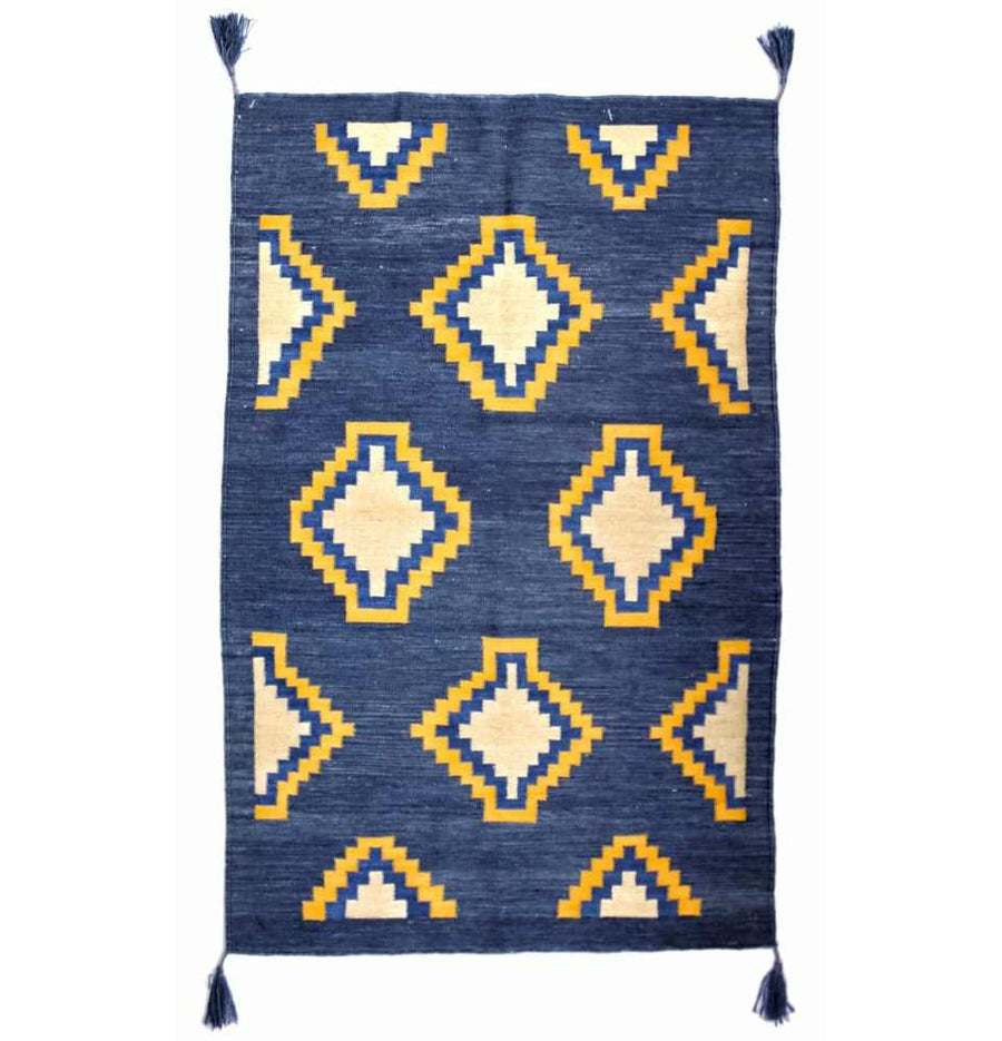 Blue and Buttery Yellow Diamond Dhurrie Rug - a perfect blend of color and geometry.