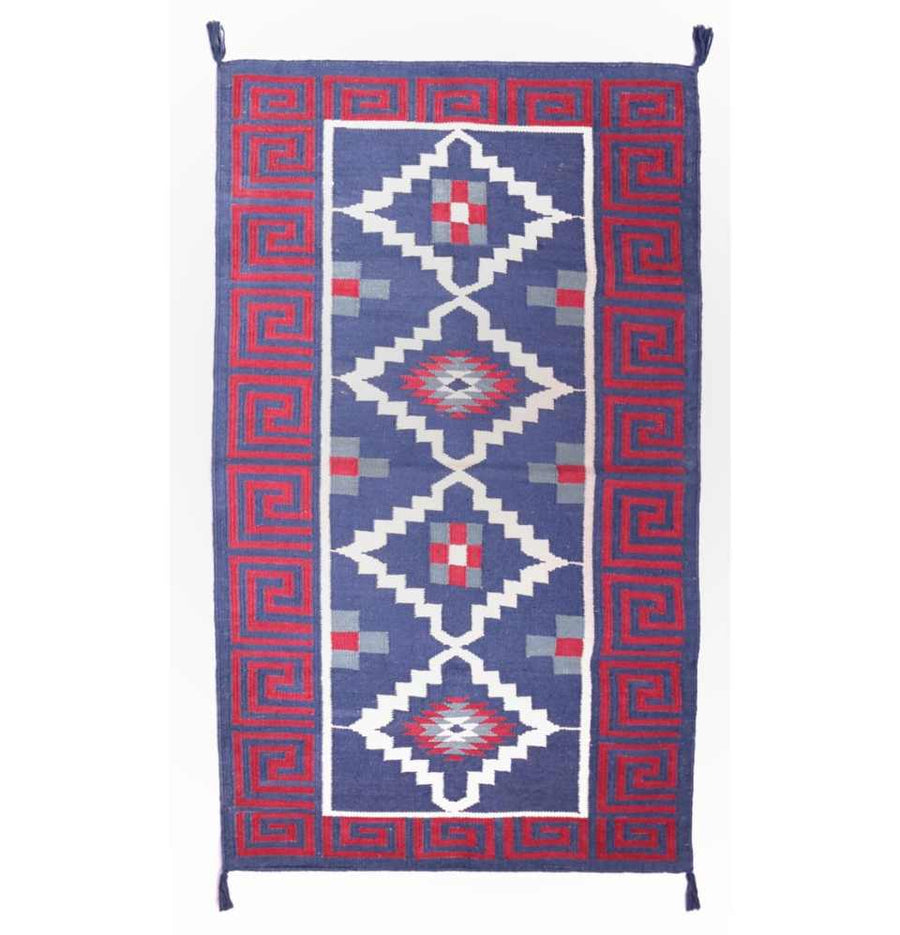 Harbour Blue and Red Greek Key Border Dhurrie Rug - a classic design in bold colors.