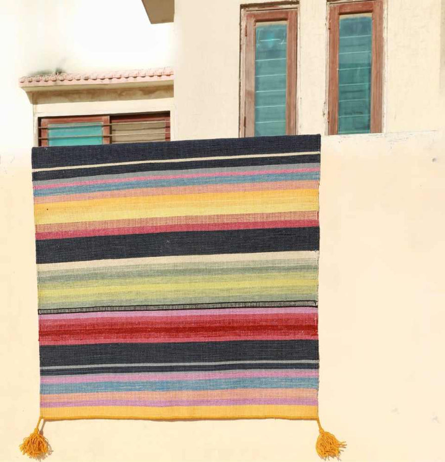 Multi Mix Stripe Dhurrie Rug outdoors