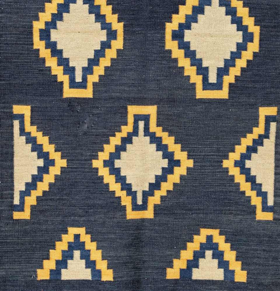 Blue and Buttery Yellow Diamond Dhurrie Rug - Closeup