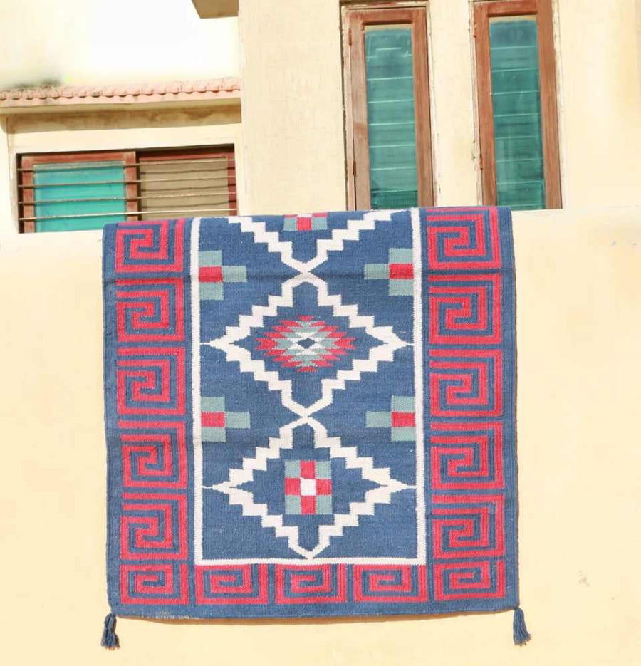 Harbour Blue and Red Greek Key Border Dhurrie Rug - Outdoors