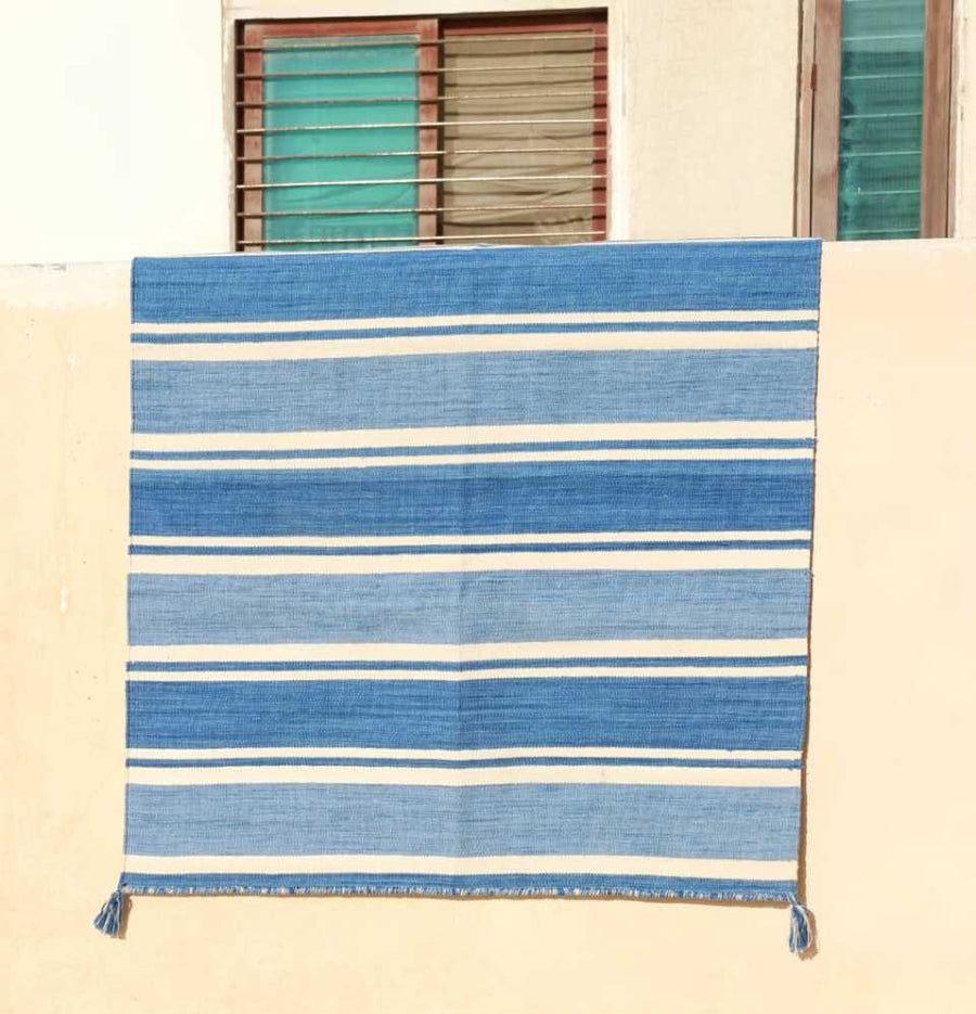 Vintage Blue Stripe Dhurrie Rug - Outdoors