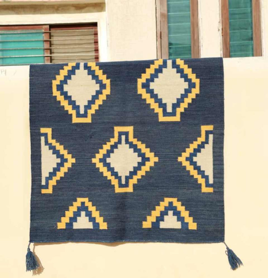 Blue and Buttery Yellow Diamond Dhurrie Rug - Outdoors