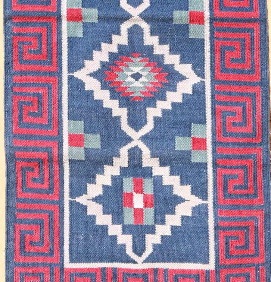 Harbour Blue and Red Greek Key Border Dhurrie Rug - Closeup