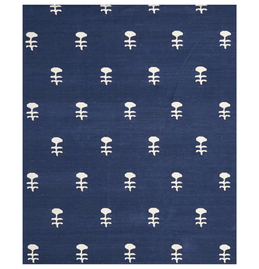 Floral Blue Buta Dhurrie Rug - a poetic expression of nature's beauty in blue hues.