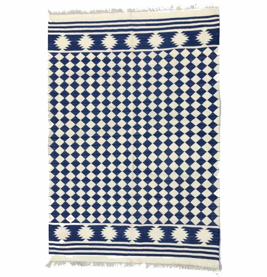 Diamond Blue Check Dhurrie Rug - a harmonious fusion of geometry and contemporary design.