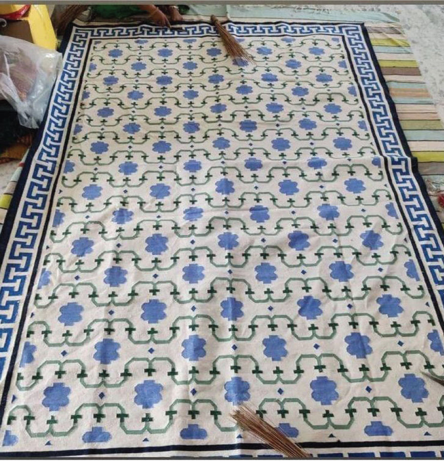 Shahjehan Flatweave Dhurrie Rug in blue and white patterns